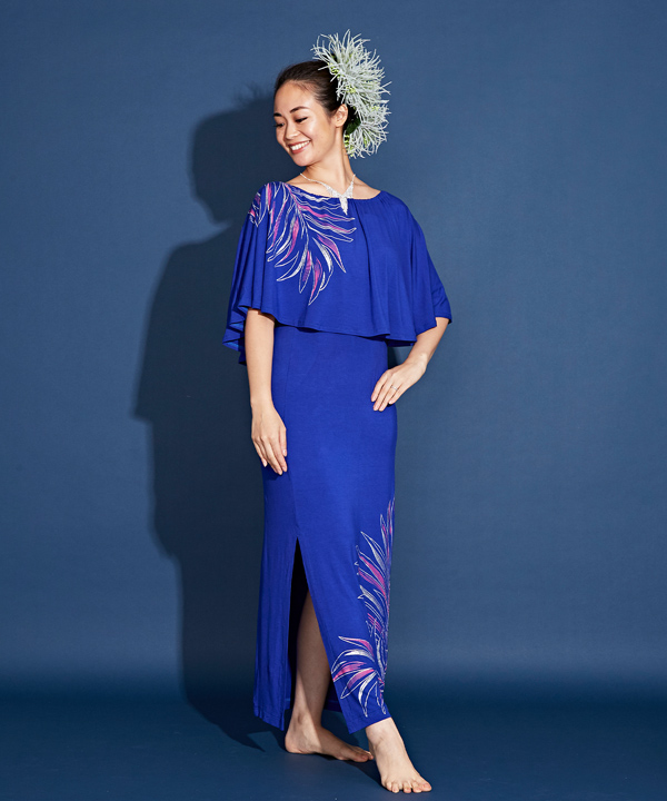 リーフ ケープ&タイトワンピース BLUE M
