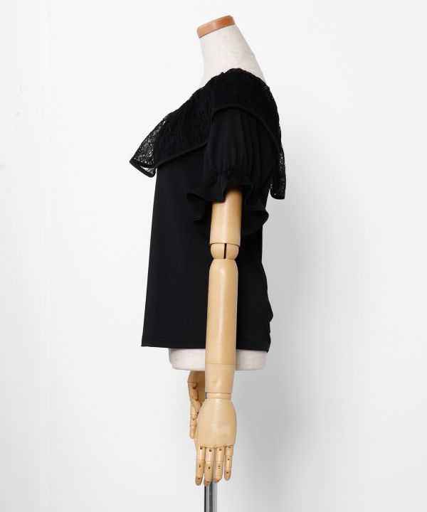 レースフリルパフ袖ＴＯＰ BLACK L