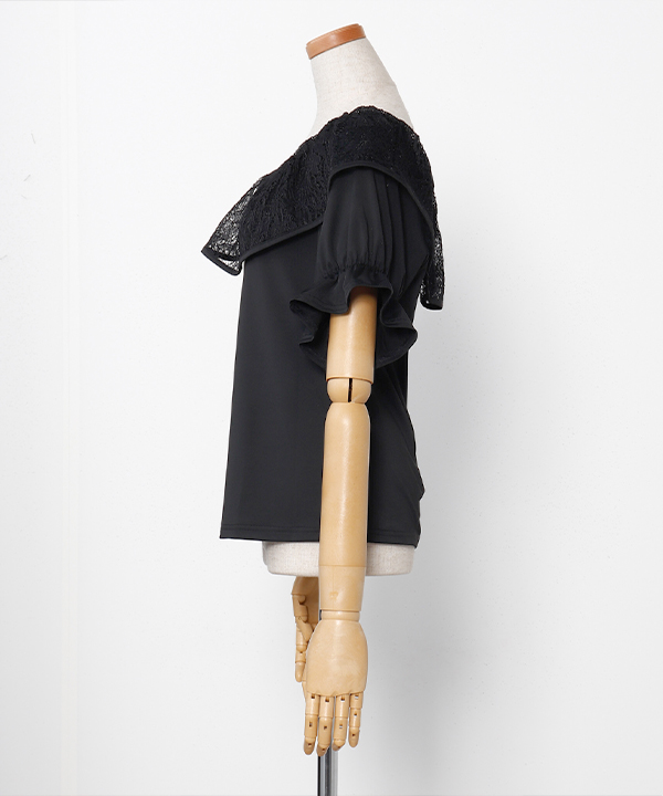 レースフリルパフ袖ＴＯＰ BLACK M
