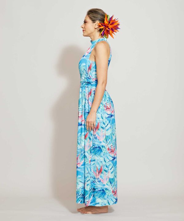 マウナロア Maunaloa フラダンス衣装の専門店 シーアメリカンスリーブワンピース M Blue アパレル フラステージ衣装 フラダンス衣装 パウスカート ドレス フラ用品 フラドレス ハワイアンファブリック オーダードレスの専門店