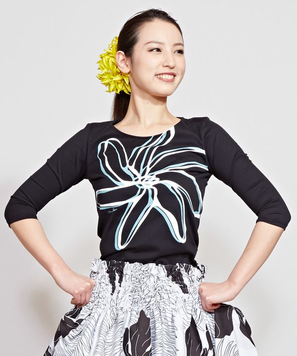マウナロア【Maunaloa】|フラダンス衣装の専門店|オーロラリノティアレＴシャツ(7分袖)(M BLACK): アパレル・フラステージ衣装・ フラダンス衣装・パウスカート・ドレス・フラ用品・フラドレス・ハワイアンファブリック・オーダードレスの専門店