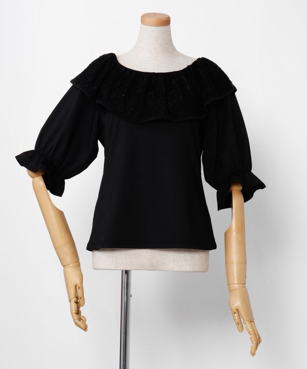 レースフリルパフ袖ＴＯＰ BLACK L