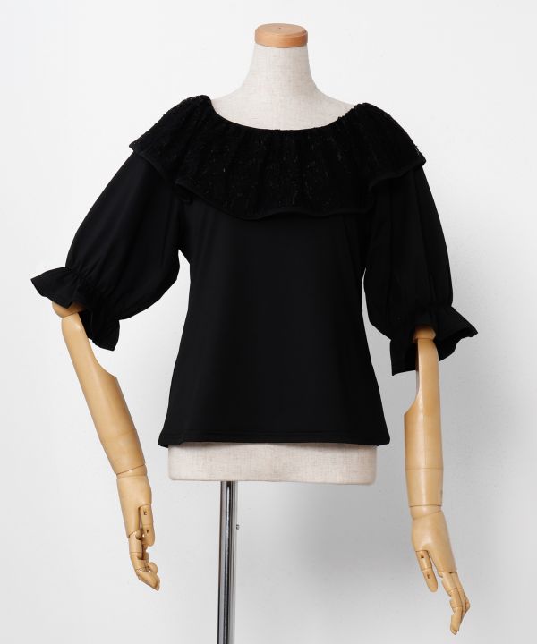 レースフリルパフ袖ＴＯＰ BLACK M