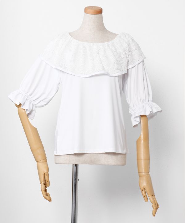 レースフリルパフ袖ＴＯＰ WHITE M