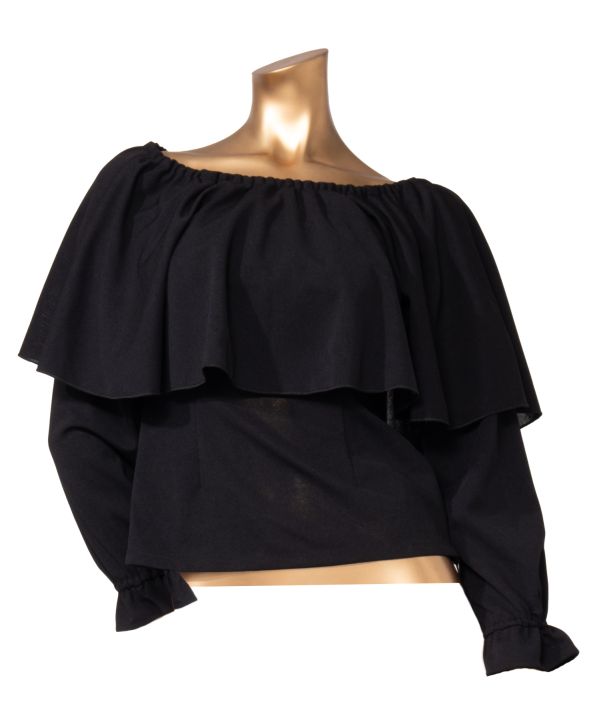 ワイドフリルシャーリングブラウス（長袖） BLACK L