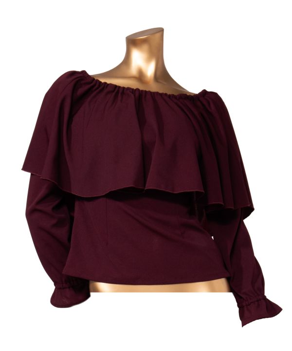 ワイドフリルシャーリングブラウス（長袖） DK BROWN L