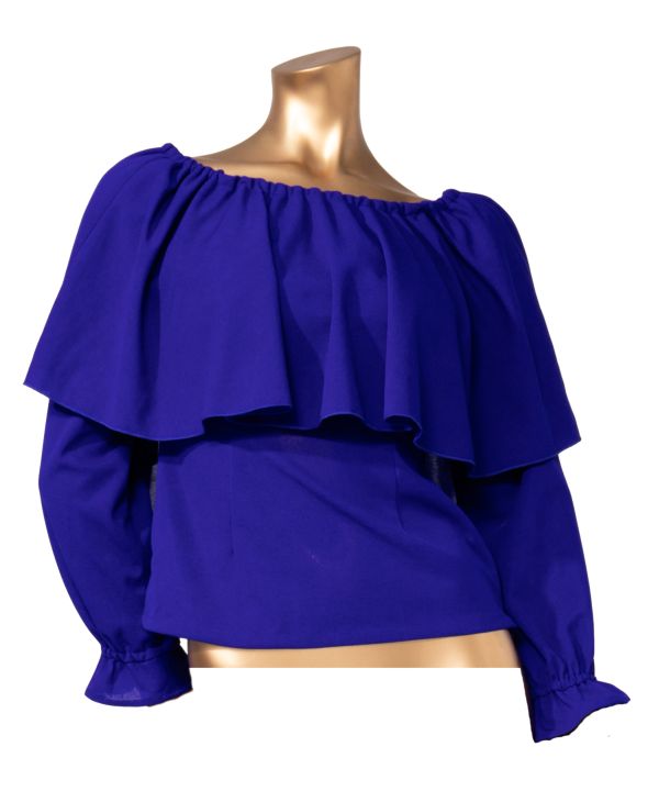 ワイドフリルシャーリングブラウス（長袖） BLUE S