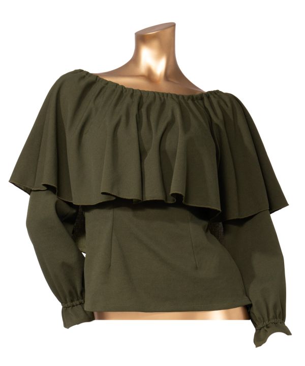 ワイドフリルシャーリングブラウス（長袖） KHAKI XS