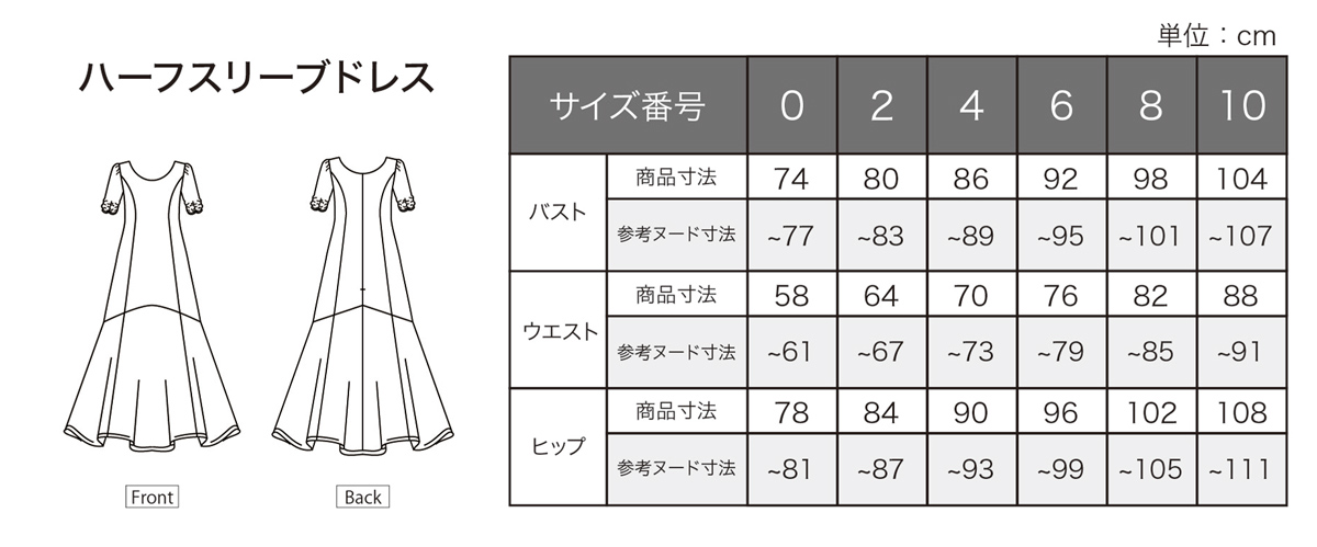 ハーフスリーブドレス　サイズ表