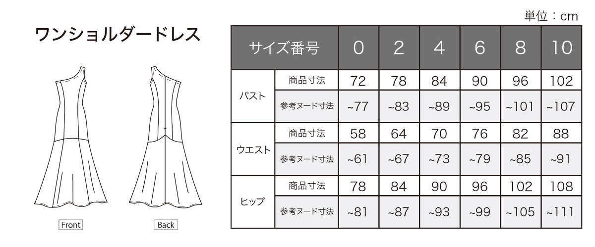 ワンショルダードレス　サイズ表