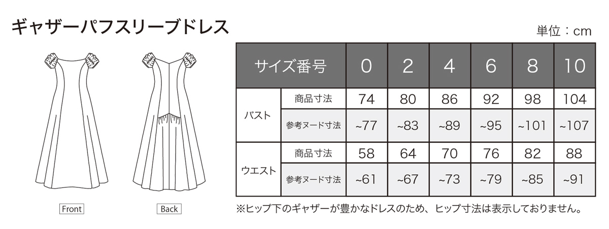 ギャザーパフドレス　サイズ表